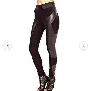 Lotsyle High Waist Faux Leather Accented Leggings in Black Size XXL